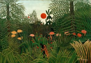 Jomfruskov ved solnedgang. Sort angrebet af en leopa af Henri Rousseau