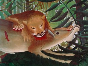 Løven, sulten, kaster sig over antilopen af Henri Rousseau