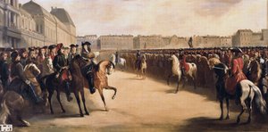 Zar Peter I den Store af Rusland (1672-1725) ledsaget af regenten Philip II hertugen af Orleans (1674-1723) under sit besøg i Frankrig gennemgår de beredne tropper ved Tuilerierne (Paris) den 16/06/1717 af Henri Serrur