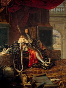 Portræt af Ludvig XIV (1638 - 1715) konge af Frankrig, beskytter af Det Kongelige Akademi for Maleri og Skulptur, med Charles V dit de Charlemagnes scepter. Maleri af Henri Testelin (1616-1695)