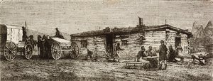 Transkontinental diligencestation i Utah-ørkenen, fra tværs af USA, fra Atlanterhavet til Stillehavet, af Louis Laurent Simonin, gravering af Hildibrand fra L