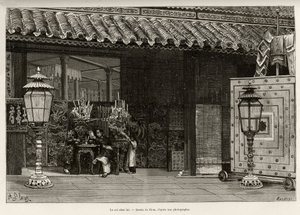 Kong Dong Khanh (1864-1889) Kejser af Annam, hjemme i den kejserlige by Hue (Vietnam). Gravering af Thiriat, for at illustrere historien "" Trente mois au Tonkin"" af Dr. Charles Edouard Hocquard (1853-1911), i 1885, i Le tour du monde, nouveau journal de