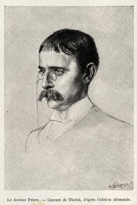 Portræt af Dr. Carl Peters (1856-1918) tysk opdagelsesrejsende. Indgravering af Thiriat til illustration af historien "" Au secours d