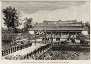 Højtidelig audiens givet af kong Dong Khanh (1864-1889) kejser af Annam til repræsentanter for Frankrig i den kejserlige by Hue (Vietnam). Gravering af Thiriat, for at illustrere historien "" Trente mois au Tonkin"" af Dr. Charles Edouard Hocquard (1853-19 af Henri Thiriat