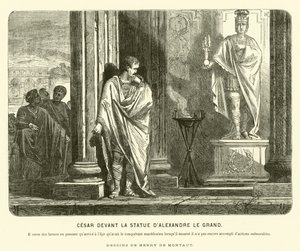 Julius Cæsar foran en statue af Alexander den Store i Spanien, der beklager omfanget af hans præstationer sammenlignet med, at Alexander havde nået samme alder som hans død, c67 f.Kr. (gravering)