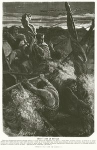 Julius Cæsar, forklædt som slave, afslører sin identitet til besætningen på en båd, der var fanget i en storm, mens han krydsede Adriaterhavet, 48 f.Kr. (gravering)