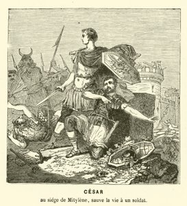 Julius Cæsar reddede en soldats liv ved belejringen af Mytilene, Lesbos, Grækenland, 81 f.Kr. (gravering)