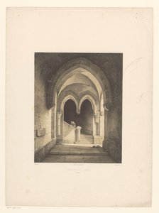 Interiør af et kloster med to munke i baggrunden Couvent de Carmes, Rouen (titel på objekt) af Henri de Boug d