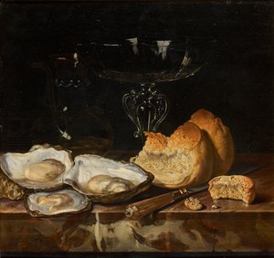 Stilleben med østers, brød og venetiansk vinglas, 1661. af Henri de Fromantiou