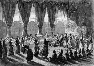 Modtagelse af europæiske damer i Cairos serail af Egyptens vicedronning. Tjenestepiger bringer opvasken, mens musikere og dansere opfører showet. 19. århundrede. Indgravering af Henri de Montaut i "" The Illustrous World"" nr. 320 af 30. maj 1863.