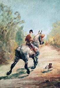 Travrytter med en lille hund, 1879