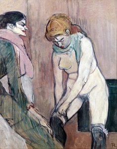 Kvinde trækker sine strømper eller Woman of house (maler på pap af Henri de Toulouse Lautrec