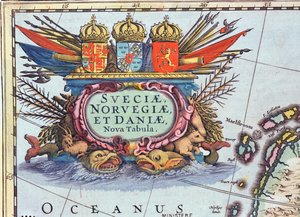 Kartouche fra et kort over Sverige, Norge og Danmark, 1631 (farvestik) af Henricus Hondius II