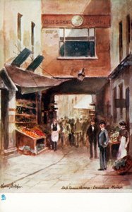 Det gamle London: Ship Tavern Passage, Leadenhall Market (farvelitografi) af Henrie Pitcher