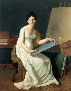 Portræt af kunstneren, iført hvid kjole og med en skitse i hånden. af Henriette Lorimier