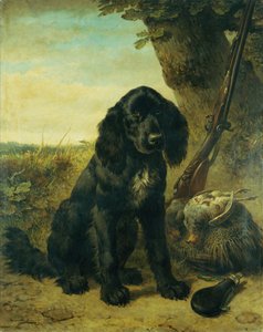 En flad coated retriever ved et træ (olie på lærred) af Henriëtte Ronner Knip