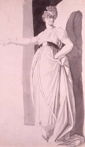 Ung kvinde med udførlig frisør stående med strakt højre arm (blyant og vask) af Johann Heinrich Füssli
