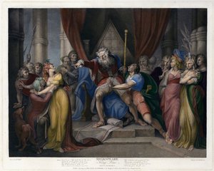 Scene fra Shakespeares King Lear (Act I, Scene I) (farvet gravering)