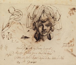 Mrs. Fuseli iført en udførlig hovedbeklædning og undersøgelser af et øje, mund og torso (pen og blæk) af Johann Heinrich Füssli