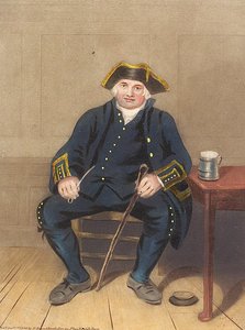 Portræt af Greenwich-pensionist, siddende med lerpibe og kande (akvatinte) af Henry (after) Dawe