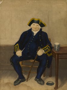 Portræt af Greenwich-pensionist, siddende med lerpibe og kande (akvatinte) af Henry (after) Dawe