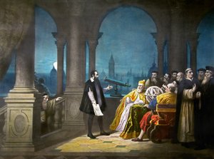 Galileo Galilei demonstrerer sit teleskop for Leonardo Donato, dogen af Venedig og det venetianske senat i 1609, ca. 1900 (litografi) af Henry (after) Detouche