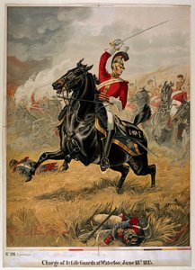 The Charge of the 1st Life Guards at Waterloo, udgivet ca. 1890 (chromolitho) af Henry A. Payne