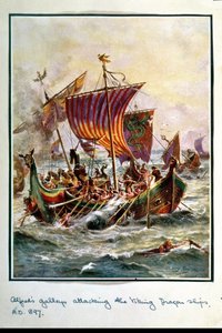 Alfreds kabysser angriber vikingedrageskibene, 897 e.Kr., illustration fra 