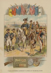 Flag, uniformer, valuta og våben fra den amerikanske revolution (chromolitho)