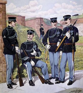 U.S. infanteri heldragt 1902-07 bevæbnet med amerikansk magasinriffel model 1903 (farve litho) af Henry Alexander (after) Ogden