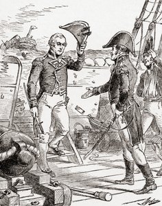 Kaptajn Dacres fra HMS Guerriere overgiver sig og tilbyder sit sværd til kaptajn Hull ombord på USS Constitution efter hans nederlag under krigen i 1812, fra The History of Our Country, udgivet 19 af Henry Alexander Ogden