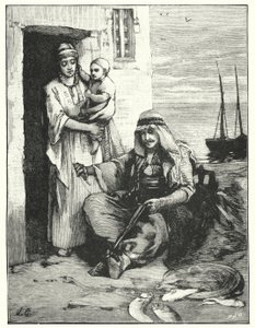 En fisker, der reparerer sine net, Tiberiashavet (litho) af Henry Andrew Harper