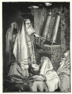 En rabbiner læser lovens rulle (litho)