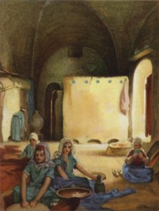 Bøndernes hjem i Siloam (farve litho)