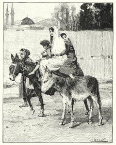 Flere personer, der rider på et æsel (litho)