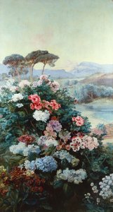 Kameliaer og andre blomster i et landskab (olie på lærred) af Henry Arthur Bonnefoy