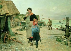 Fiskerfolk vender tilbage med deres net, Etretat af Henry Bacon