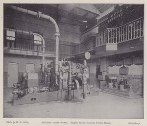 Maskinrum med eltavle, Electric Light Works, Canterbury, Kent (s/h-foto) af Henry Beauchamp Collis