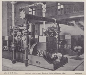 Interiør af motor- og dynamorum, Electric Light Works, Canterbury, Kent (s/h foto) af Henry Beauchamp Collis