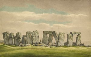 Stonehenge fra N.W., viser ruiner med mand og hund, 1824-1839 af Henry Browne