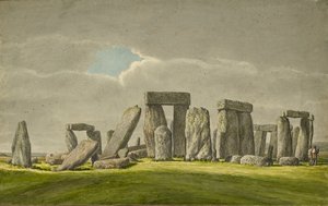 Stonehenge fra S.E., der viser sten i ødelagt tilstand med 2 besøgende, 1824-1839 af Henry Browne
