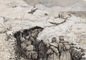 Galicien, russiske tropper i sneklædte bakker, 13. marts 1916 (blæk og gouache på papir) af Henry Charles Seppings Wright