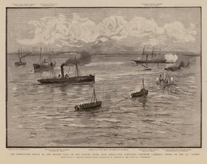 Den portugisiske korvet Tamega skyder på SS Agnes, Pungwe-floden, Østafrika (kobberstik) af Henry Charles Seppings Wright