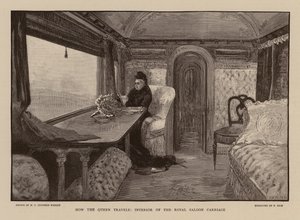 Dronning Victoria i togvognen Royal Saloon (kobberstik) af Henry Charles Seppings Wright