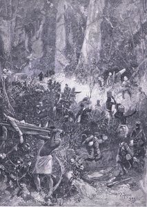 Ashanti-krigen 1900: En kamp i skoven, illustration fra Cassells History of England, 1900-tallet af Henry Charles Seppings Wright
