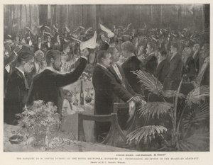 Banketten til M Santos Dumont på Hotel Metropole, 25. november, entusiastisk modtagelse af den brasilianske aeronaut af Henry Charles Seppings Wright