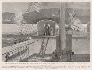 De første skud fra skib i den sydafrikanske krig, HMS Agerhøne, der skyder på boerne ved Saldanha-bugten, Kapkolonien af Henry Charles Seppings Wright