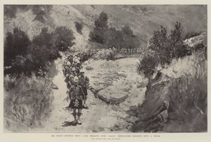 Den indiske grænse, Camp Sheranni, Tochi Valley, Highlanders marcherer ned ad en kløft af Henry Charles Seppings Wright