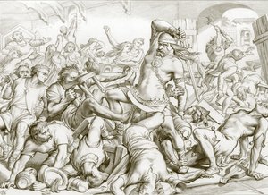Hvordan Hereward ryddede Bourne for franskmænd (kobberstik)