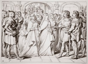Alftruda genkender Hereward, illustration fra Hereward the Great af Charles Kingsley, pub. 1870, graveret af C.G. Lewis (stålpladegravering) af Henry Courtney Selous